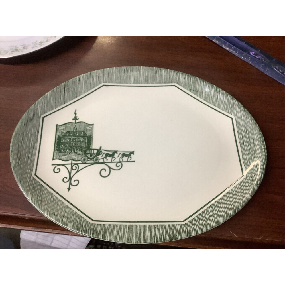 1 Scio Pottery Olde Orleans Oval Serving Platter Green White Carriage Horse Sign